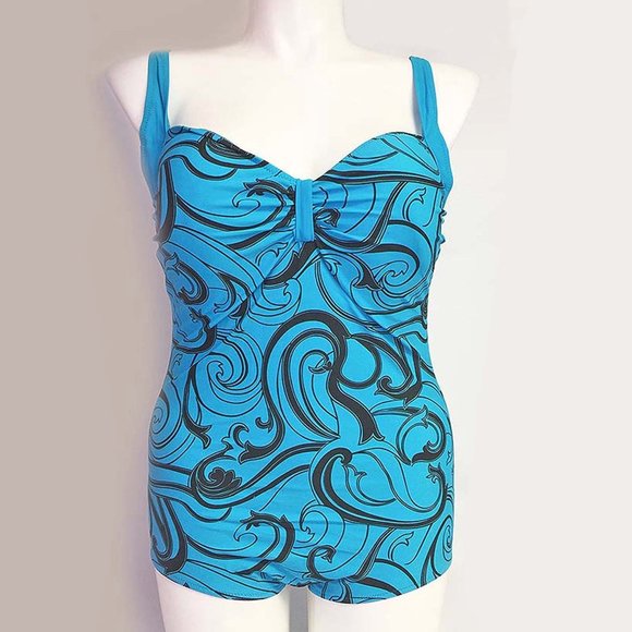 Plus 1pc Aqua Blue Swimwear Womens Size 14 Paisley Print One Piece Swimsuit - Picture 4 of 9
